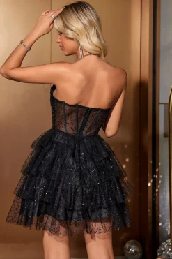 Sparkly Cute A Line Black Sweetheart Tiered Corset Homecoming Dress