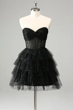 Sparkly Cute A Line Black Sweetheart Tiered Corset Homecoming Dress