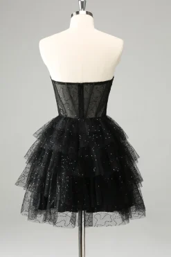 Sparkly Cute A Line Black Sweetheart Tiered Corset Homecoming Dress