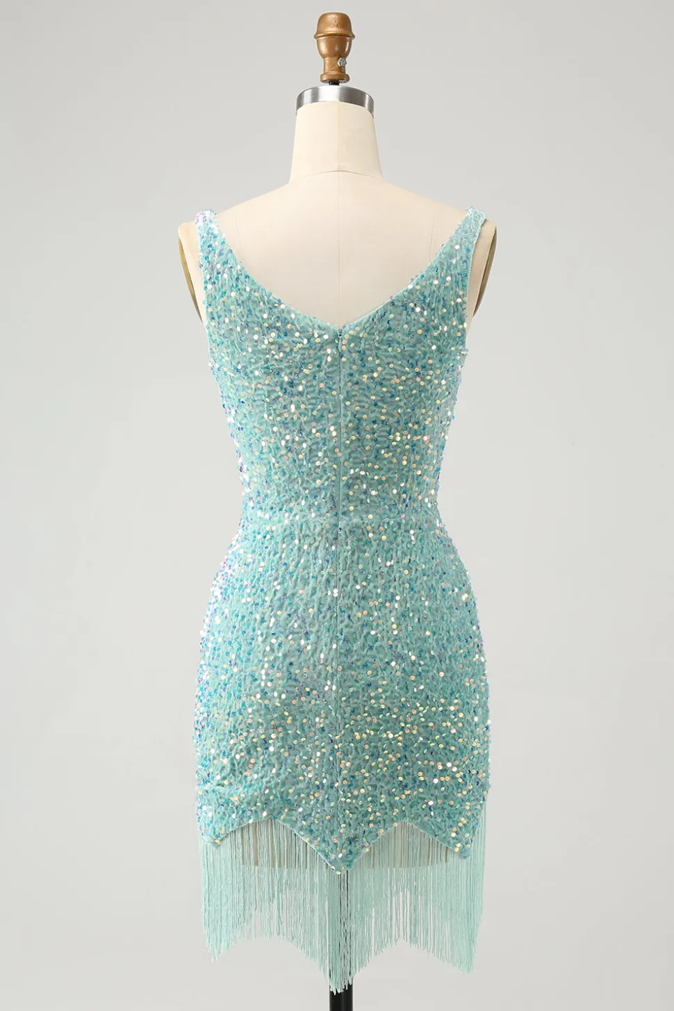 Sparkly Dark Blue Bodycon V Neck Sequin Vestido Curto Homecoming com Tassel