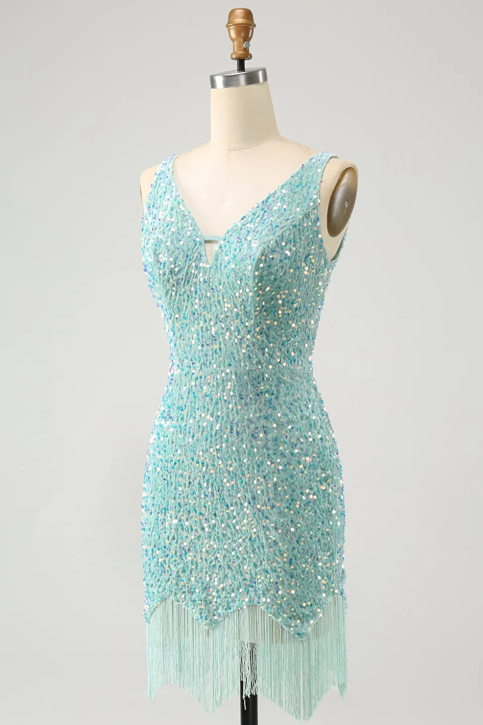 Sparkly Dark Blue Bodycon V Neck Sequin Vestido Curto Homecoming com Tassel