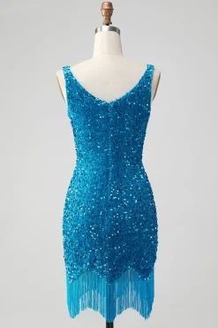 Sparkly Dark Blue Bodycon V Neck Sequin Vestido Curto Homecoming com Tassel