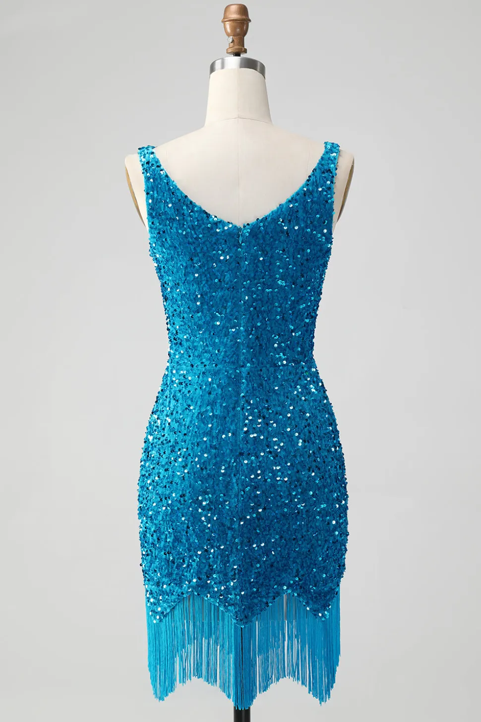 Sparkly Dark Blue Bodycon V Neck Sequin Vestido Curto Homecoming com Tassel