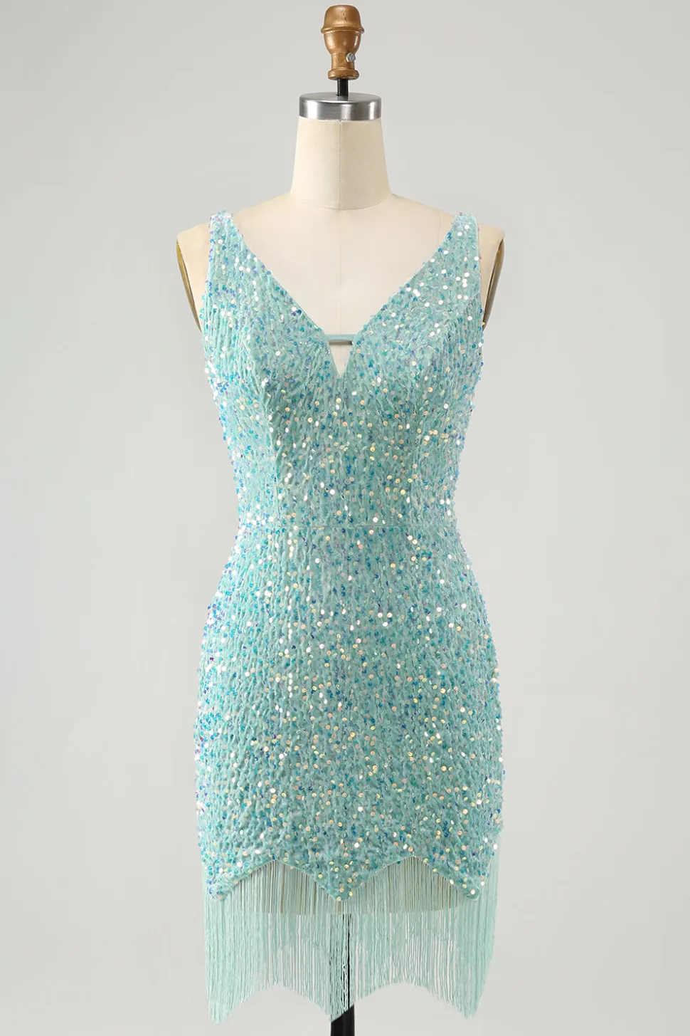 Sparkly Dark Blue Bodycon V Neck Sequin Vestido Curto Homecoming com Tassel