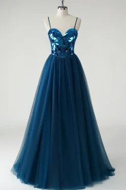 Sparkly Dark Blue Mirror A-Line Long Prom Dress