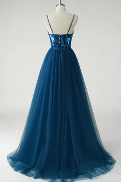 Sparkly Dark Blue Mirror A-Line Long Prom Dress