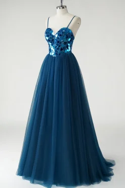 Sparkly Dark Blue Mirror A-Line Long Prom Dress