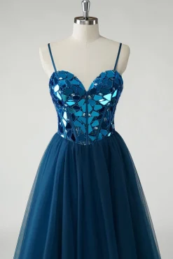 Sparkly Dark Blue Mirror A-Line Long Prom Dress