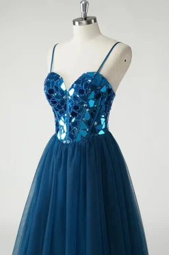 Sparkly Dark Blue Mirror A-Line Long Prom Dress