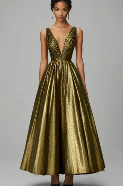 Sparkly Dark Gold A-Line V Pescoço Ruched Tornozelo Comprimento Vestido Formal