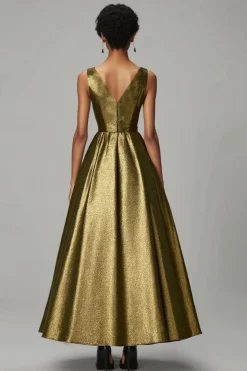 Sparkly Dark Gold A-Line V Pescoço Ruched Tornozelo Comprimento Vestido Formal