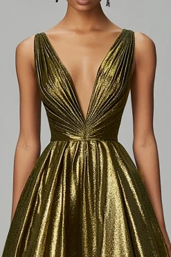 Sparkly Dark Gold A-Line V Pescoço Ruched Tornozelo Comprimento Vestido Formal