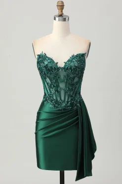 Sparkly Dark Green Espartilho sem alças Sequins Bodycon Homecoming Dress com Streamer