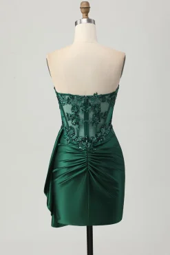 Sparkly Dark Green Espartilho sem alças Sequins Bodycon Homecoming Dress com Streamer
