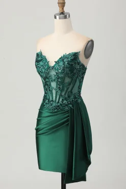 Sparkly Dark Green Espartilho sem alças Sequins Bodycon Homecoming Dress com Streamer