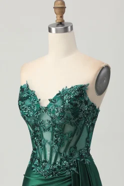 Sparkly Dark Green Espartilho sem alças Sequins Bodycon Homecoming Dress com Streamer