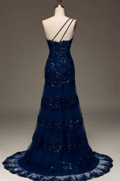 Sparkly Dark Navy Tiered Lace Um ombro longo vestido de baile com fenda