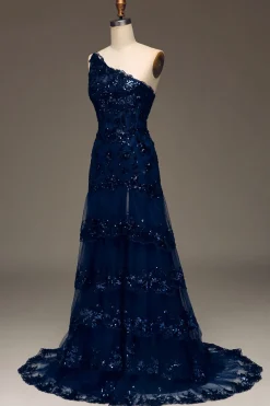 Sparkly Dark Navy Tiered Lace Um ombro longo vestido de baile com fenda