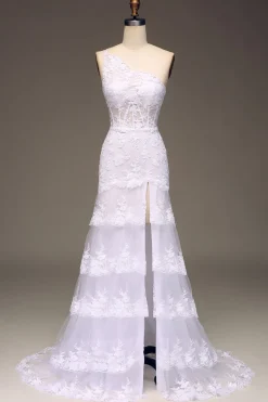 Sparkly Dark Navy Tiered Lace Um ombro longo vestido de baile com fenda