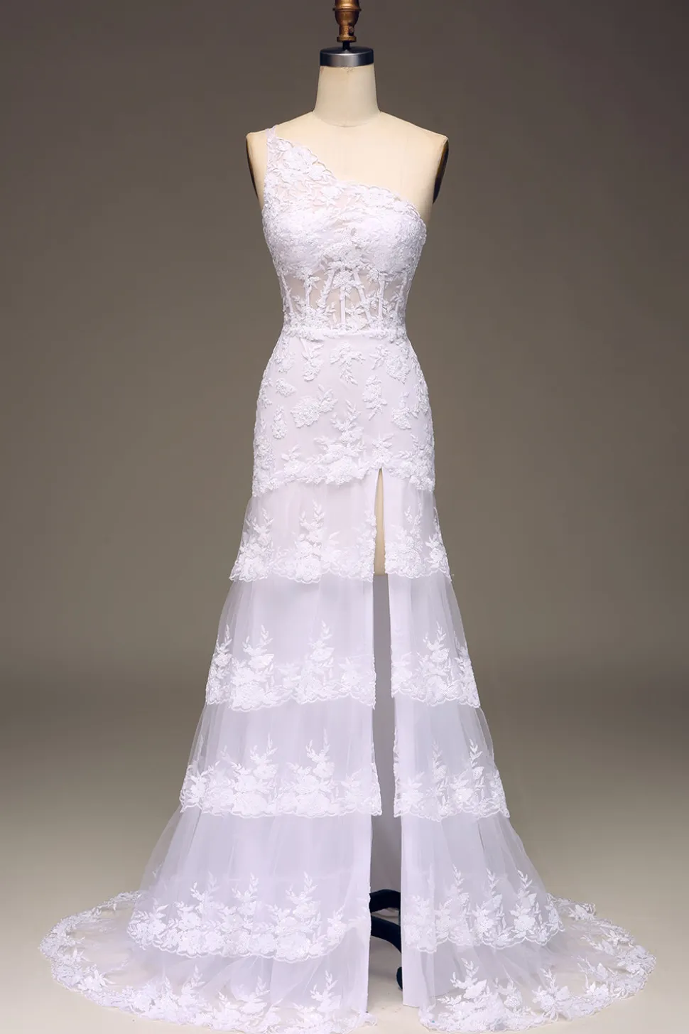 Sparkly Dark Navy Tiered Lace Um ombro longo vestido de baile com fenda