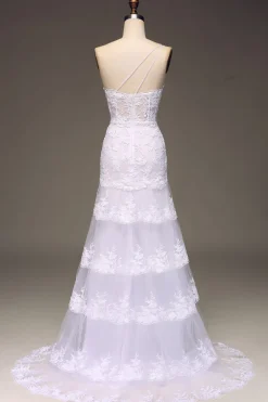 Sparkly Dark Navy Tiered Lace Um ombro longo vestido de baile com fenda