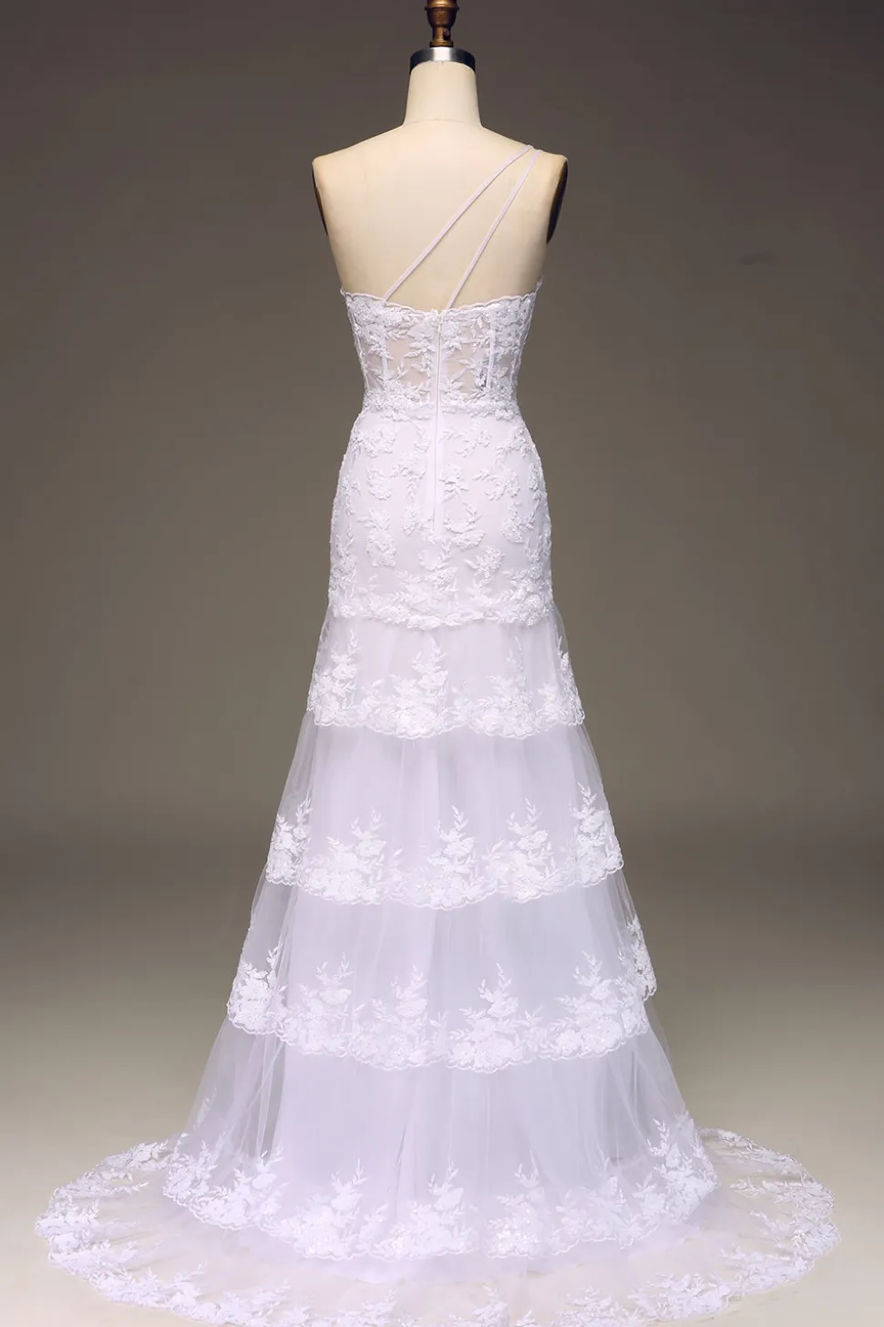 Sparkly Dark Navy Tiered Lace Um ombro longo vestido de baile com fenda