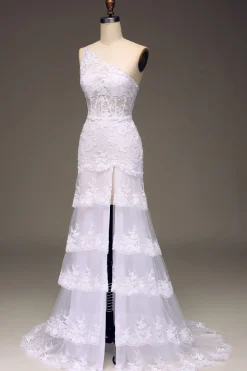 Sparkly Dark Navy Tiered Lace Um ombro longo vestido de baile com fenda