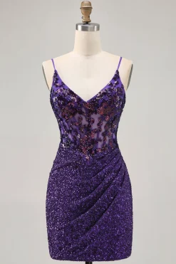 Sparkly Dark Purple Corset Homecoming Vestido com Sequins