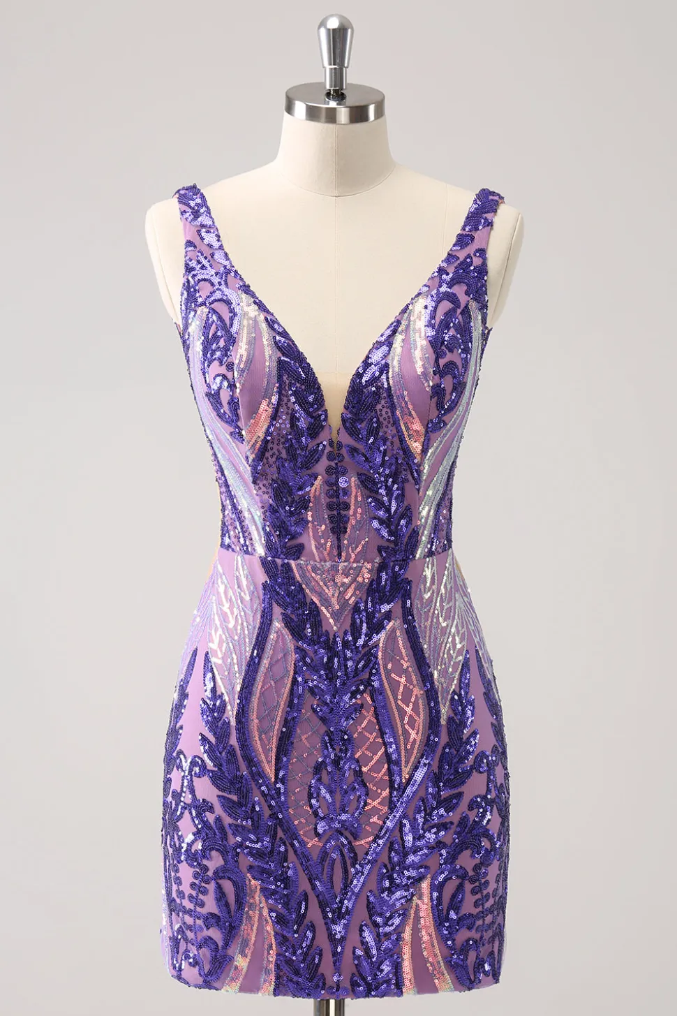 Sparkly Dark Purple Sequined Tight V Neck Homecoming Vestido