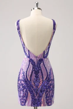Sparkly Dark Purple Sequined Tight V Neck Homecoming Vestido