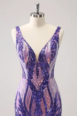 Sparkly Dark Purple Sequined Tight V Neck Homecoming Vestido