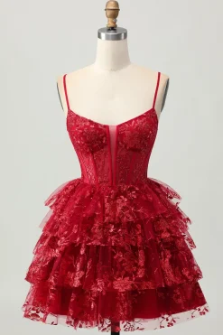Sparkly Dark Red A-Line Tiered Corset Sequin Mini Homecoming Dress