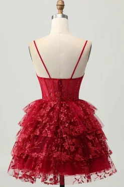 Sparkly Dark Red A-Line Tiered Corset Sequin Mini Homecoming Dress
