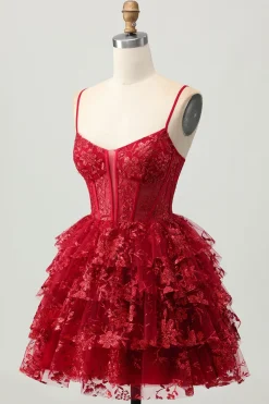 Sparkly Dark Red A-Line Tiered Corset Sequin Mini Homecoming Dress