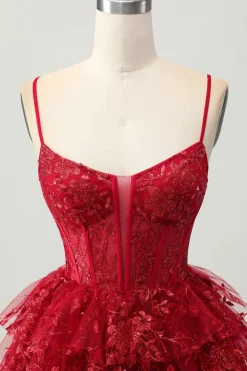 Sparkly Dark Red A-Line Tiered Corset Sequin Mini Homecoming Dress