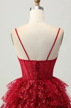 Sparkly Dark Red A-Line Tiered Corset Sequin Mini Homecoming Dress