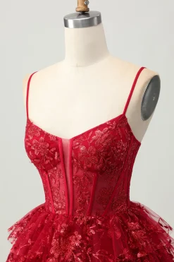 Sparkly Dark Red A-Line Tiered Corset Sequin Mini Homecoming Dress