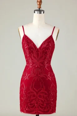 Sparkly Dark Red Sequins Espaghetti Correias Tight Short Homecoming Dress