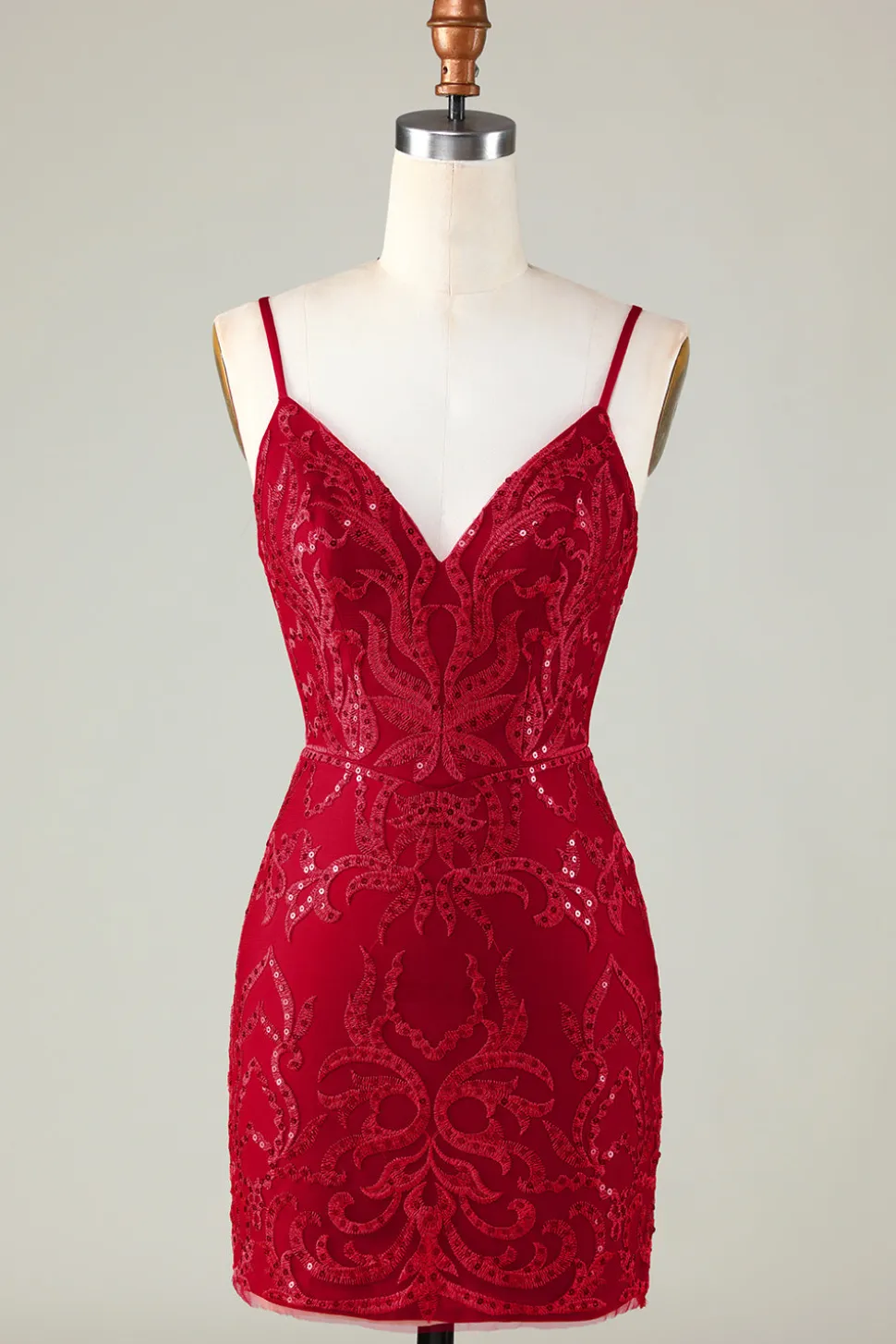 Sparkly Dark Red Sequins Espaghetti Correias Tight Short Homecoming Dress