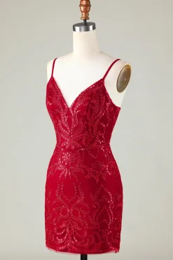 Sparkly Dark Red Sequins Espaghetti Correias Tight Short Homecoming Dress