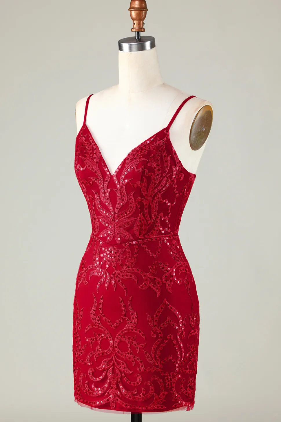 Sparkly Dark Red Sequins Espaghetti Correias Tight Short Homecoming Dress