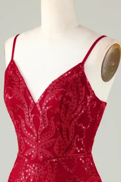 Sparkly Dark Red Sequins Espaghetti Correias Tight Short Homecoming Dress