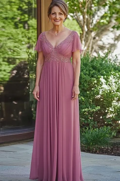 Sparkly Dusty Rose A-Line V Pescoço Sequined Chiffon Pleats Long Mãe do Vestido de Noiva