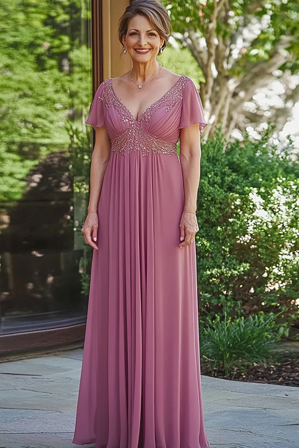 Sparkly Dusty Rose A-Line V Pescoço Sequined Chiffon Pleats Long Mãe do Vestido de Noiva