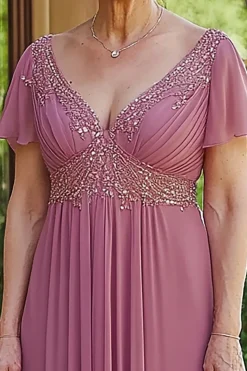 Sparkly Dusty Rose A-Line V Pescoço Sequined Chiffon Pleats Long Mãe do Vestido de Noiva