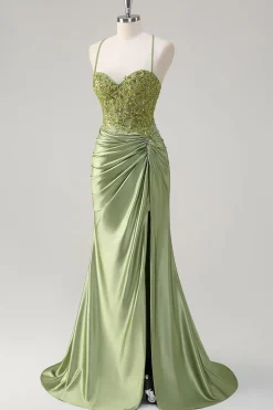 Sparkly Exército Verde Sereia Corset Long Prom Dress com Fenda