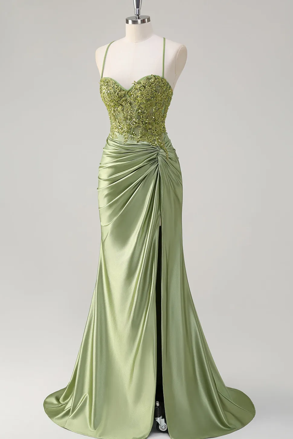 Sparkly Exército Verde Sereia Corset Long Prom Dress com Fenda