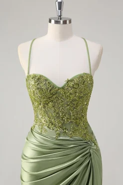 Sparkly Exército Verde Sereia Corset Long Prom Dress com Fenda
