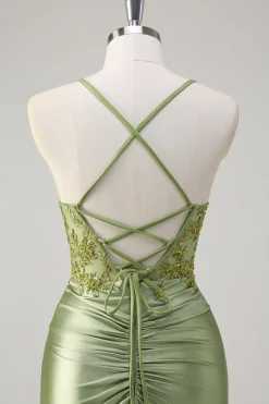 Sparkly Exército Verde Sereia Corset Long Prom Dress com Fenda