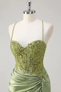 Sparkly Exército Verde Sereia Corset Long Prom Dress com Fenda